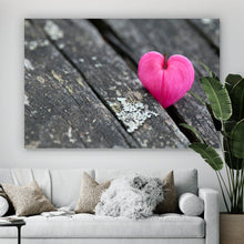 Lade das Bild in den Galerie-Viewer, Leinwandbild Herzförmige Blüte auf Holz Querformat