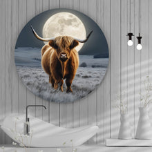 Lade das Bild in den Galerie-Viewer, Aluminiumbild gebürstet Highland Rind im Mondschein Kreis