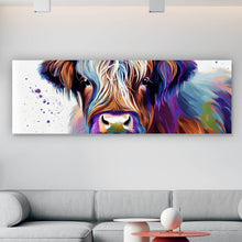 Lade das Bild in den Galerie-Viewer, Leinwandbild Buntes Hochlandrind Digital Art Panorama