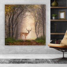 Lade das Bild in den Galerie-Viewer, Aluminiumbild gebürstet Hirsch in verträumten Nebelwald Quadrat