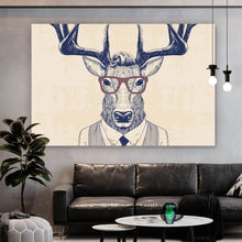 Lade das Bild in den Galerie-Viewer, Aluminiumbild gebürstet Hirsch mit Anzug im Zeichenstil Querformat