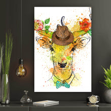 Lade das Bild in den Galerie-Viewer, Aluminiumbild gebürstet Hirsch mit Hut und Fliege Hochformat