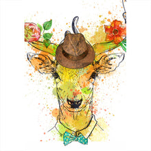 Lade das Bild in den Galerie-Viewer, Acrylglasbild Hirsch mit Hut und Fliege Hochformat