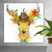 Lade das Bild in den Galerie-Viewer, Spannrahmenbild Hirsch mit Hut und Fliege Quadrat