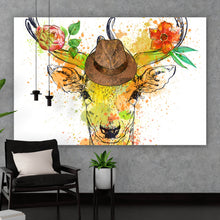Lade das Bild in den Galerie-Viewer, Spannrahmenbild Hirsch mit Hut und Fliege Querformat