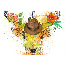 Lade das Bild in den Galerie-Viewer, Acrylglasbild Hirsch mit Hut und Fliege Querformat