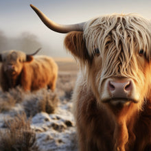 Lade das Bild in den Galerie-Viewer, Aluminiumbild gebürstet Hochlandrind auf gefrorener Weide Quadrat