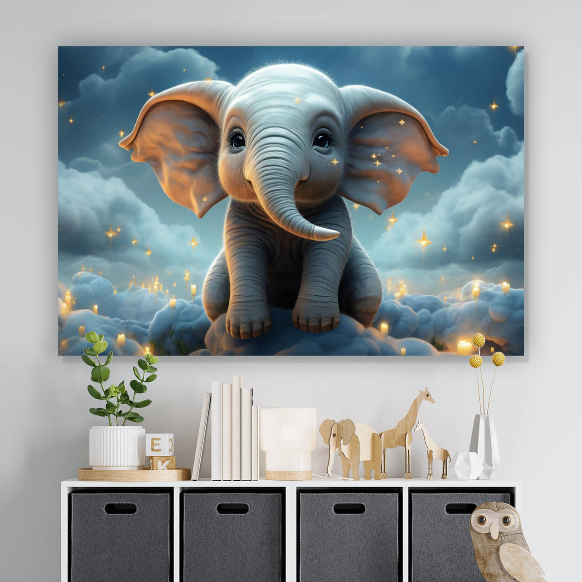 Spannrahmenbild Kleines im Querformat, Elefantenkind Aufhängefertig im Himmel Versandkostenfrei & Wandguru –
