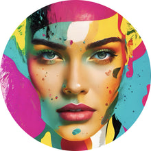 Lade das Bild in den Galerie-Viewer, Aluminiumbild gebürstet Buntes Frauengesicht Modern Art Kreis