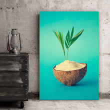 Lade das Bild in den Galerie-Viewer, Leinwandbild Kokosnuss mit Palmenblätter Hochformat