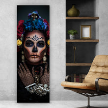 Lade das Bild in den Galerie-Viewer, Aluminiumbild gebürstet La Catrina mit Blumenkrone Panorama Hoch