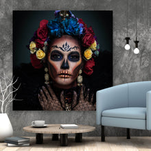 Lade das Bild in den Galerie-Viewer, Aluminiumbild gebürstet La Catrina mit Blumenkrone Quadrat