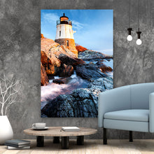 Lade das Bild in den Galerie-Viewer, Acrylglasbild Leuchtturm zwischen Felsen Hochformat