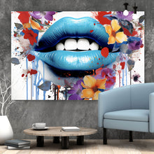 Lade das Bild in den Galerie-Viewer, Leinwandbild Lippen Blüten Pop Art Querformat