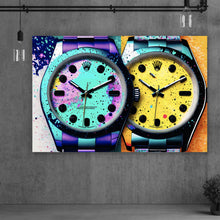Lade das Bild in den Galerie-Viewer, Aluminiumbild Luxus Uhren Pop Art Duo Abstrakt Querformat