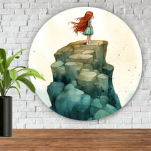 Lade das Bild in den Galerie-Viewer, Aluminiumbild gebürstet Mädchen verträumt auf Fels Kreis