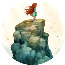 Lade das Bild in den Galerie-Viewer, Aluminiumbild gebürstet Mädchen verträumt auf Fels Kreis