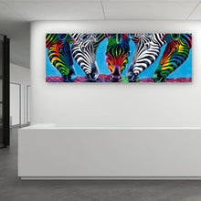 Lade das Bild in den Galerie-Viewer, Acrylglasbild Malerei Bunte Zebras Panorama