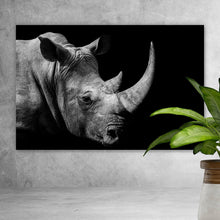 Lade das Bild in den Galerie-Viewer, Leinwandbild Nashorn auf schwarzem Hintergrund Querformat
