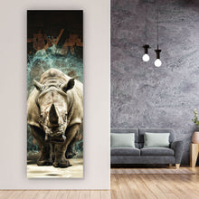 Lade das Bild in den Galerie-Viewer, Leinwandbild Nashorn bricht durch die Wand Panorama Hoch