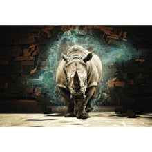 Lade das Bild in den Galerie-Viewer, Leinwandbild Nashorn bricht durch die Wand Querformat