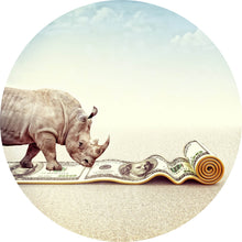 Lade das Bild in den Galerie-Viewer, Aluminiumbild gebürstet Nashorn mit Geldschein Teppich Kreis