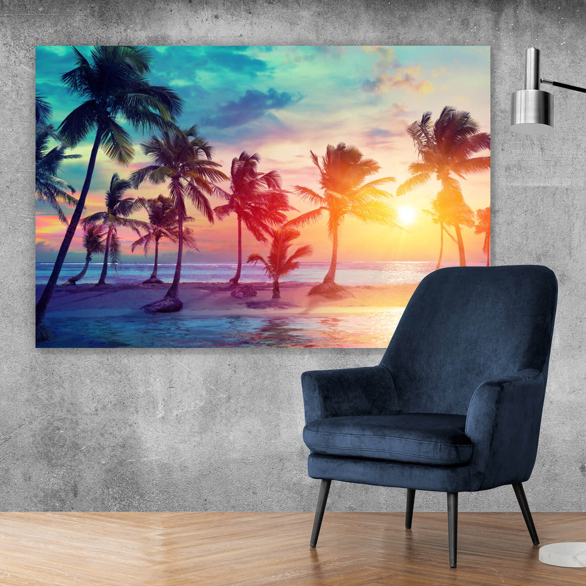 Leinwandbild Palmen am – Strand Aufhängefertig im Versandkostenfrei Wandguru Sonnenuntergang & bei Querformat