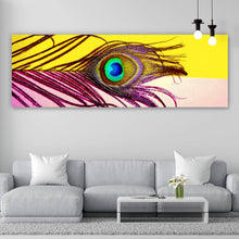 Lade das Bild in den Galerie-Viewer, Leinwandbild Pfauenfeder auf buntem Hintergrund Panorama