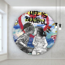 Lade das Bild in den Galerie-Viewer, Aluminiumbild gebürstet Pop Art Kissing Kids Beach Kreis
