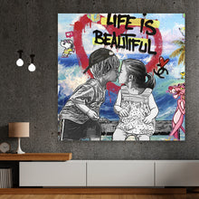 Lade das Bild in den Galerie-Viewer, Leinwandbild Pop Art Kissing Kids Beach Quadrat
