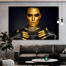 Lade das Bild in den Galerie-Viewer, Leinwandbild Portrait einer Frau Schwarz Gold Querformat