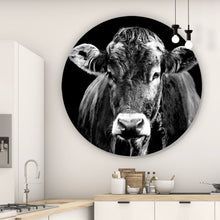 Lade das Bild in den Galerie-Viewer, Aluminiumbild Portrait einer Kuh Schwarz Weiß Kreis
