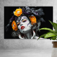 Lade das Bild in den Galerie-Viewer, Leinwandbild La Catrina mit orangenen Blumen Querformat