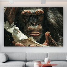 Lade das Bild in den Galerie-Viewer, Acrylglasbild Schimpanse hält sanft eine weiße Taube Querformat