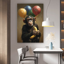 Lade das Bild in den Galerie-Viewer, Acrylglasbild Schimpanse mit Luftballons und Banane Hochformat