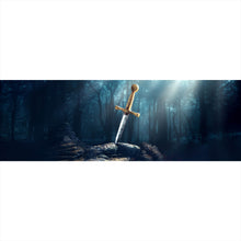Lade das Bild in den Galerie-Viewer, Leinwandbild Schwert Excalibur mit Lichtstrahlen Panorama