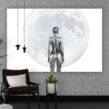 Lade das Bild in den Galerie-Viewer, Leinwandbild Silberne Frau vor Vollmond Querformat