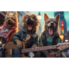 Lade das Bild in den Galerie-Viewer, Aluminiumbild gebürstet Singende Hundeband mit Gitarre Querformat