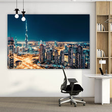 Lade das Bild in den Galerie-Viewer, Aluminiumbild gebürstet Skyline von Dubai bei Nacht Querformat