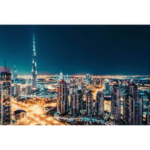 Lade das Bild in den Galerie-Viewer, Aluminiumbild Skyline von Dubai bei Nacht Querformat