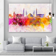 Lade das Bild in den Galerie-Viewer, Aluminiumbild gebürstet Skyline von Istanbul Aquarell Querformat
