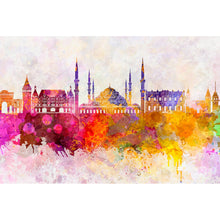 Lade das Bild in den Galerie-Viewer, Aluminiumbild gebürstet Skyline von Istanbul Aquarell Querformat
