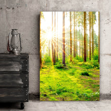 Lade das Bild in den Galerie-Viewer, Aluminiumbild gebürstet Sonnenaufgang im Wald Hochformat