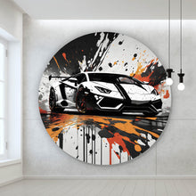 Lade das Bild in den Galerie-Viewer, Aluminiumbild gebürstet Sportwagen mit Farbspritzern Kreis