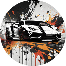 Lade das Bild in den Galerie-Viewer, Aluminiumbild gebürstet Sportwagen mit Farbspritzern Kreis