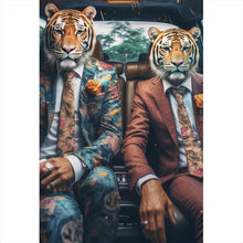 Lade das Bild in den Galerie-Viewer, Leinwandbild Tiger Duo im Anzug Digital Art Hochformat