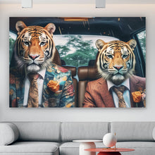 Lade das Bild in den Galerie-Viewer, Leinwandbild Tiger Duo im Anzug Digital Art Querformat