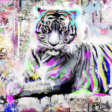 Lade das Bild in den Galerie-Viewer, Aluminiumbild gebürstet Tiger Neon Pop Art Quadrat
