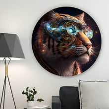 Lade das Bild in den Galerie-Viewer, Aluminiumbild gebürstet Tigerkopf mit Brille Galaxy Kreis