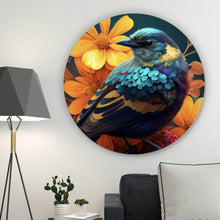 Lade das Bild in den Galerie-Viewer, Aluminiumbild Tropischer Vogel mit Blumen Modern Art No. 3 Kreis